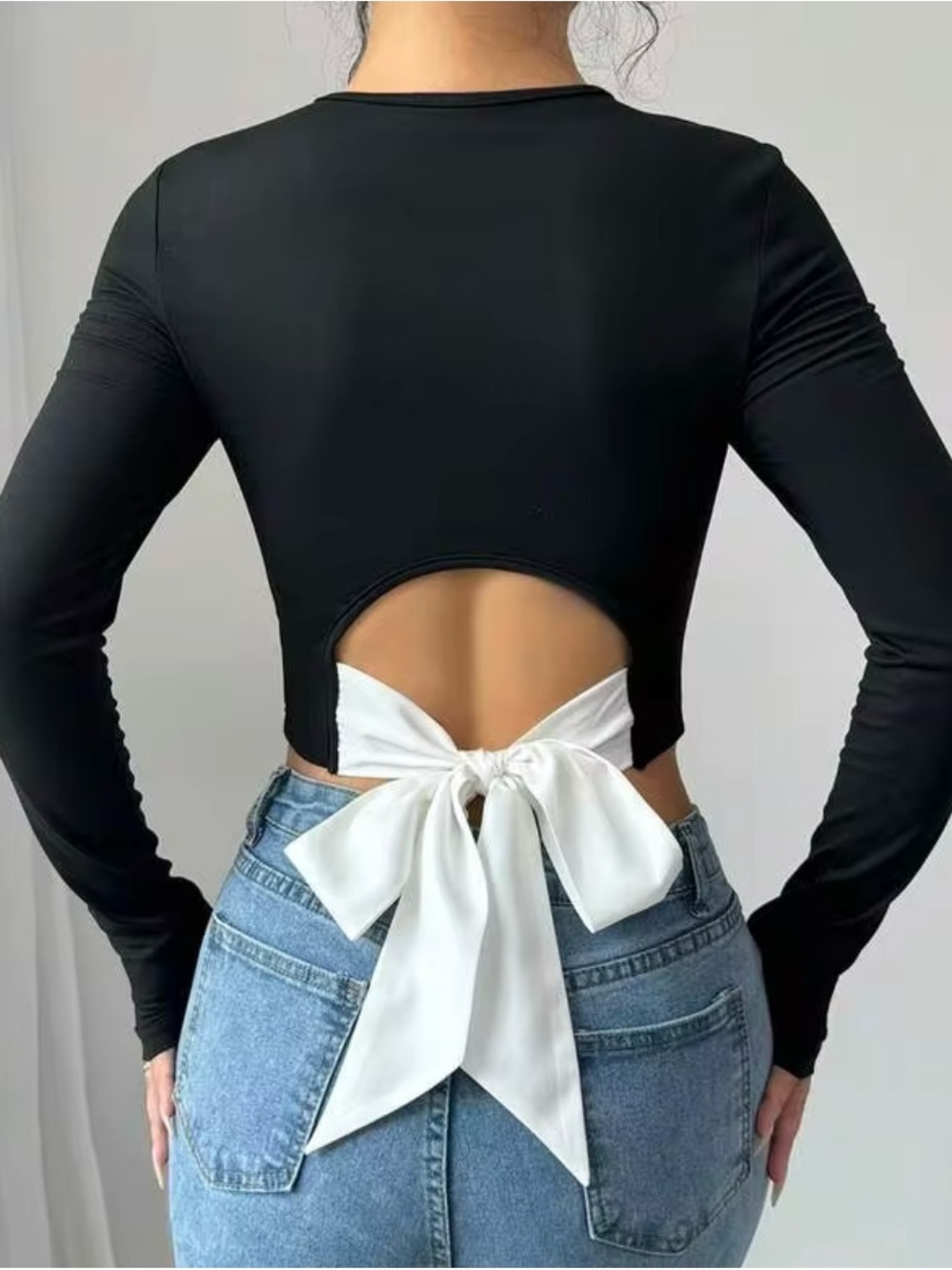 2 FOR 1 SALE ** Black Long Sleeve Back-Tie Crop Top with White Bow + halter top